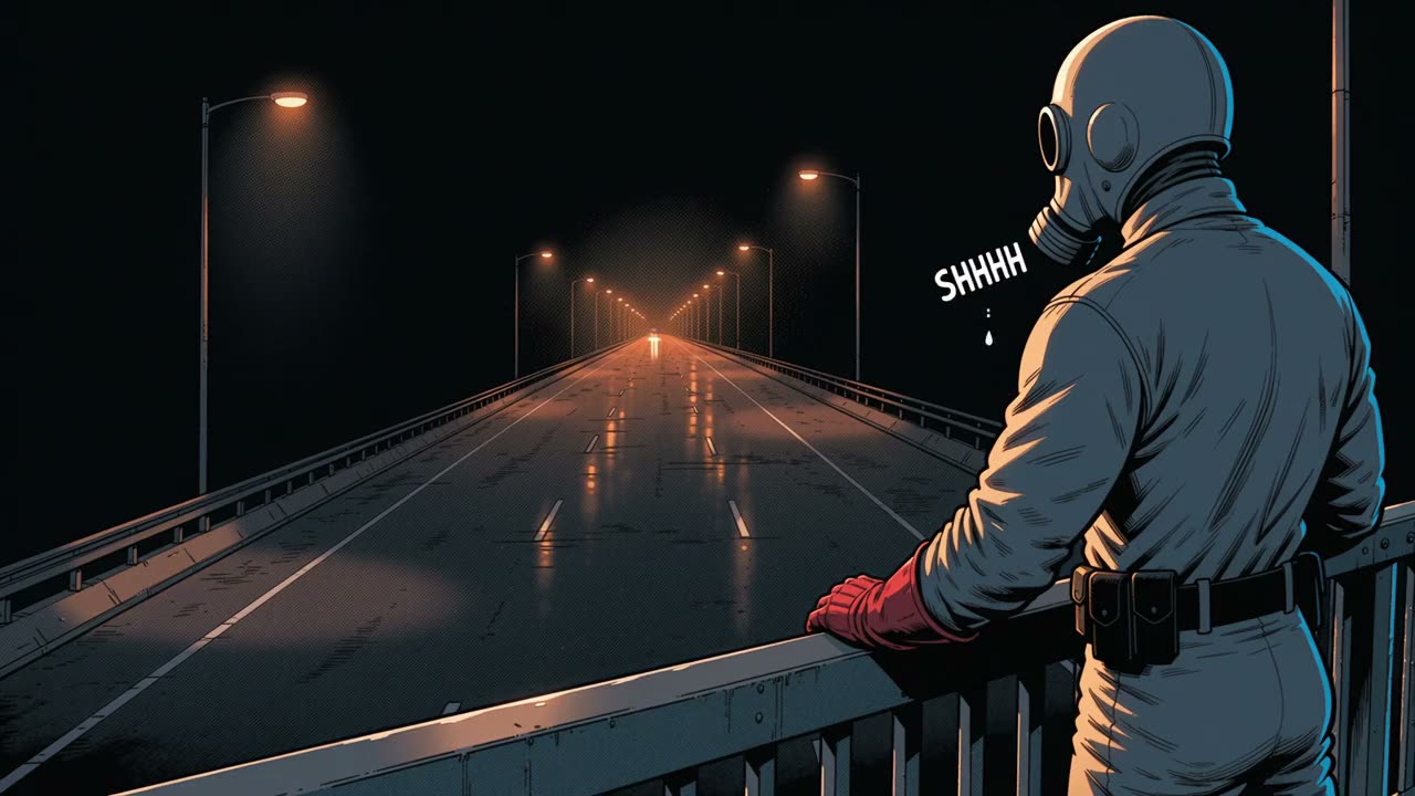 Comic-style frame of a masked figure on a night bridge
