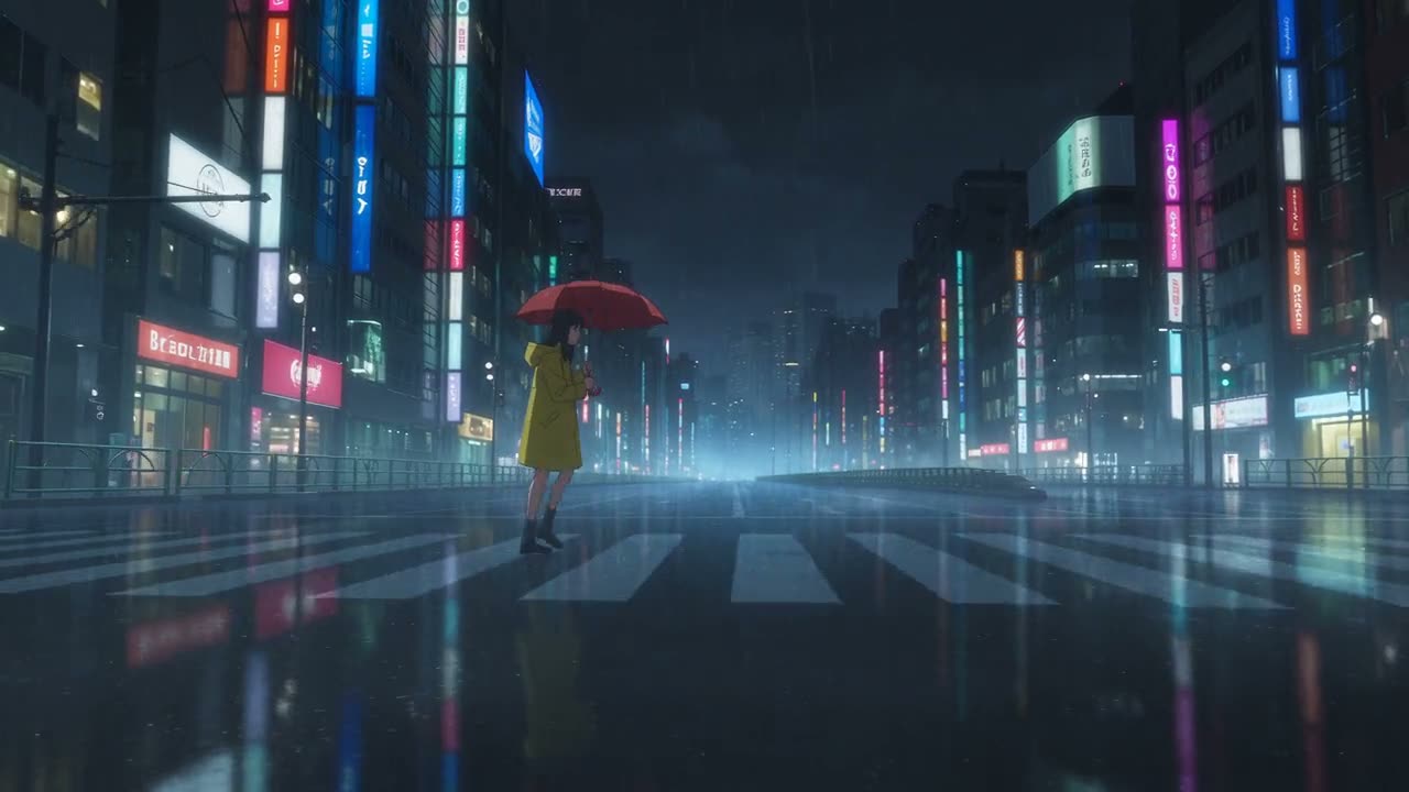 Anime-style frame of a woman at a neon crossing